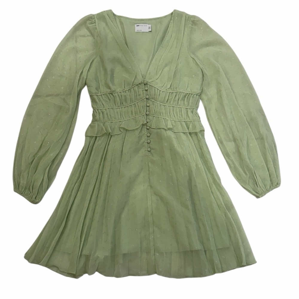 ASOS Sage Green Dobby Pleated Mini Dress Fairycore Forest Pixie Vibe NWT Size 4 - Picture 7 of 14